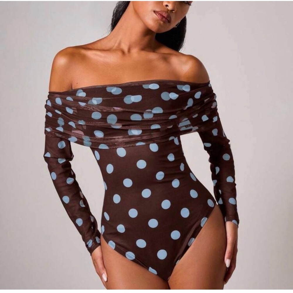 Polka Dot Mesh Off The Shoulder Long Sleeve Bodysuit Brown Baby Blue Size L